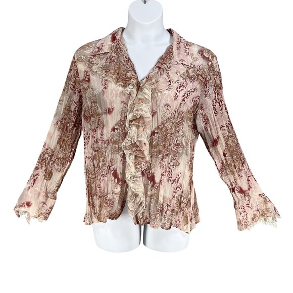 Vintage Notations Womens XL Sheer Chiffon Ruffled Crinkle Boho Button Up Blouse - Picture 3 of 15